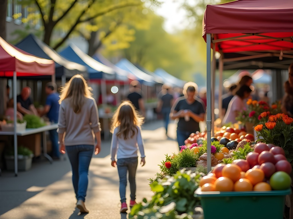 Family shopping at Jessamine County Farmers Market with local produce displays in springtime