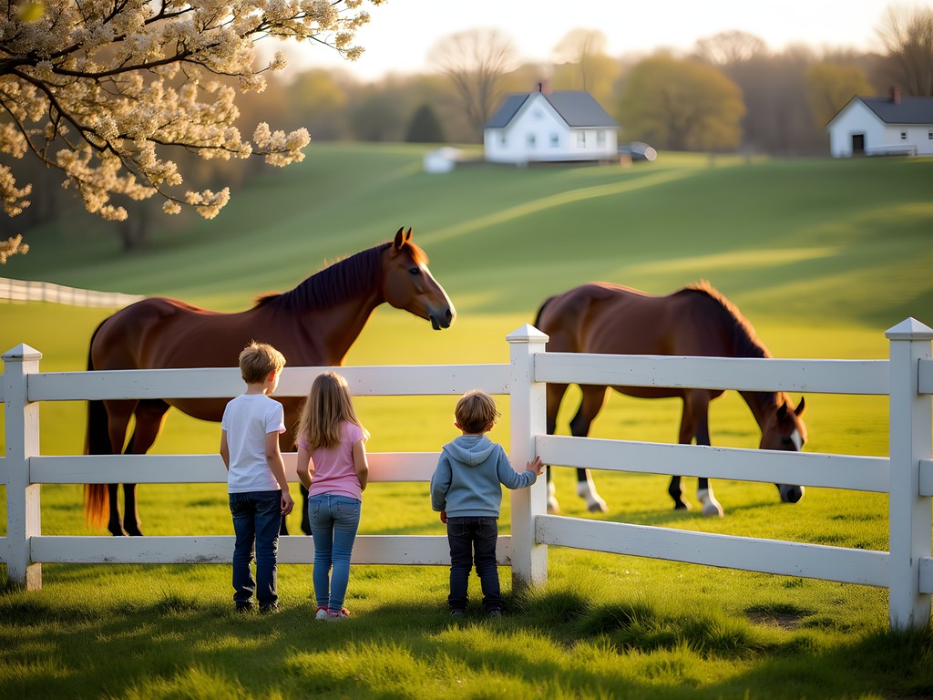 Children viewing thoroughbred horses at Taylor Made Farm near Nicholasville, Kentucky