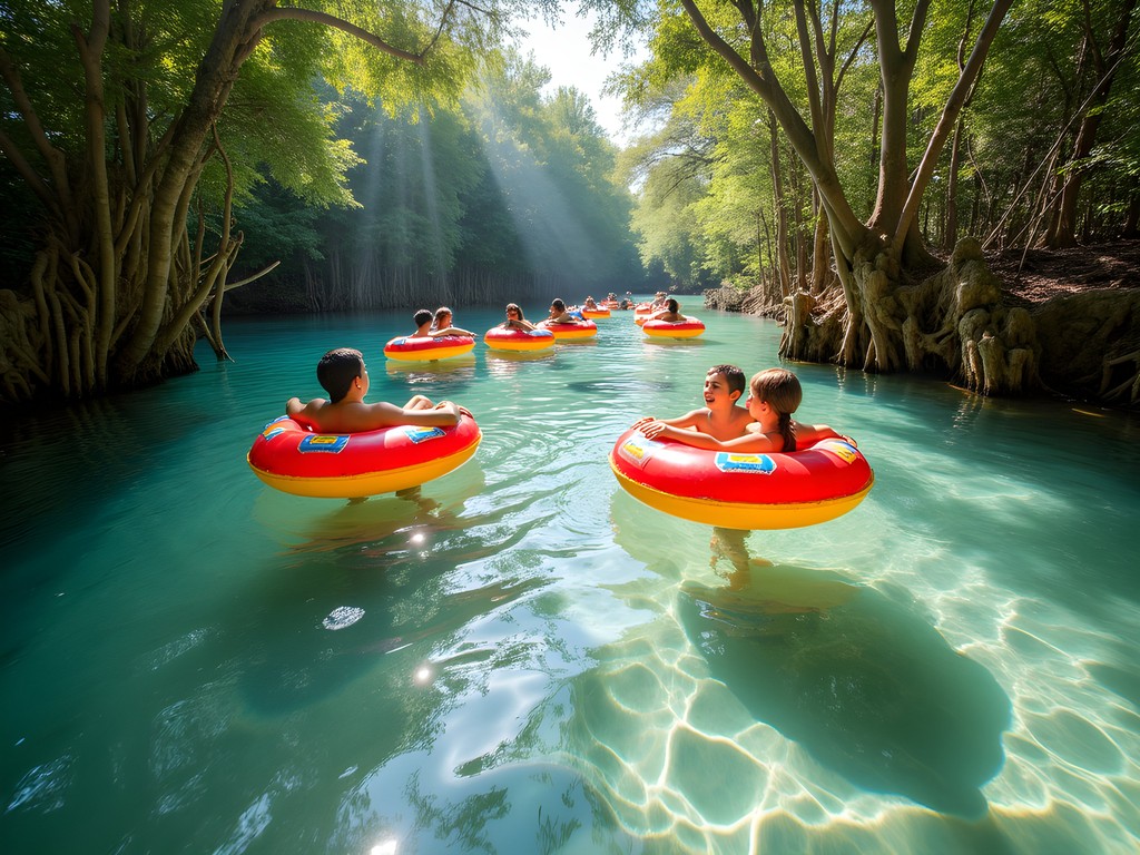 Family tubing down the natural lazy river at Rock Springs in Kelly Park near Orlando
