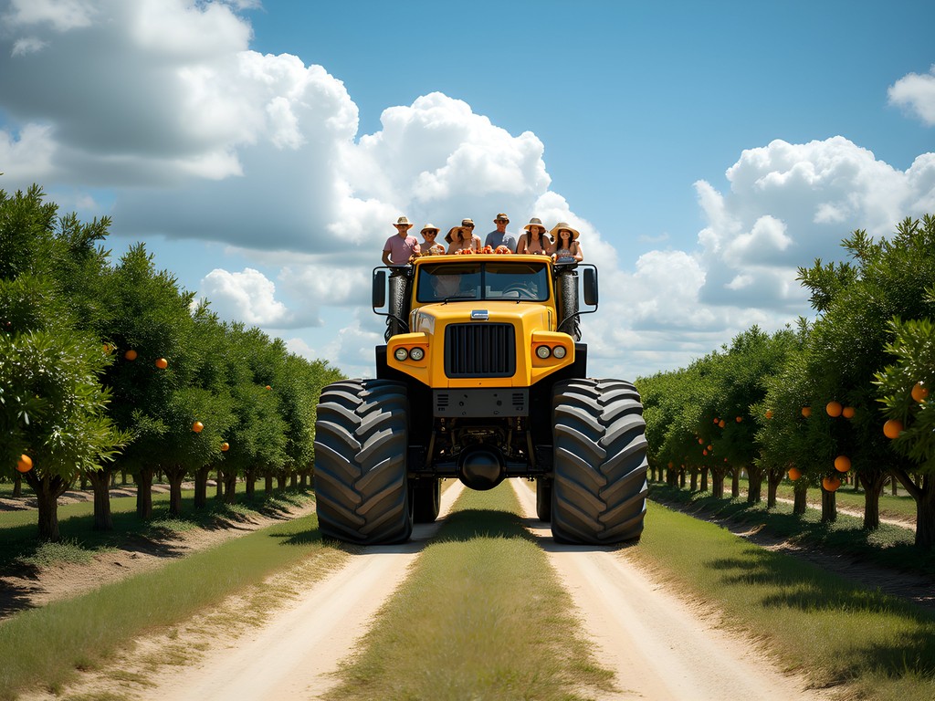 Family enjoying a monster truck eco-tour through orange groves at Showcase of Citrus near Orlando