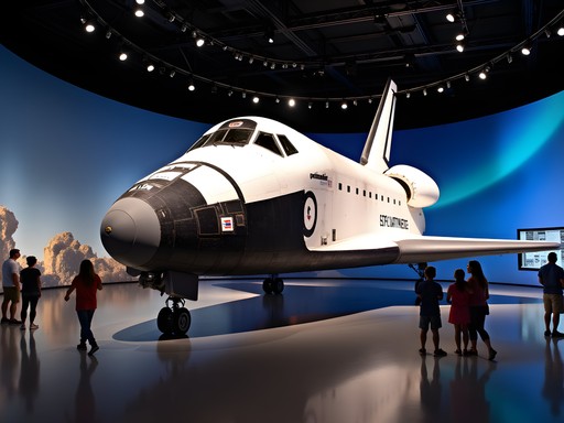 Family exploring Kennedy Space Center with Space Shuttle Atlantis in background