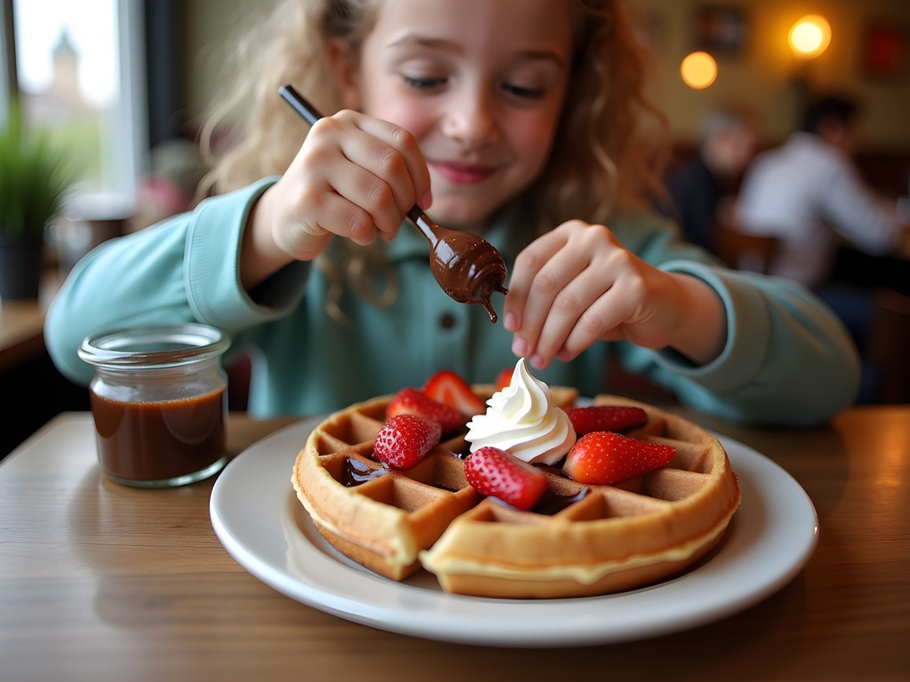 Child decorating a fresh Belgian waffle at a traditional tearoom in Ostend