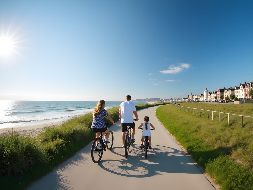 Family cycling along Ostend's coastal bike path with sea views
