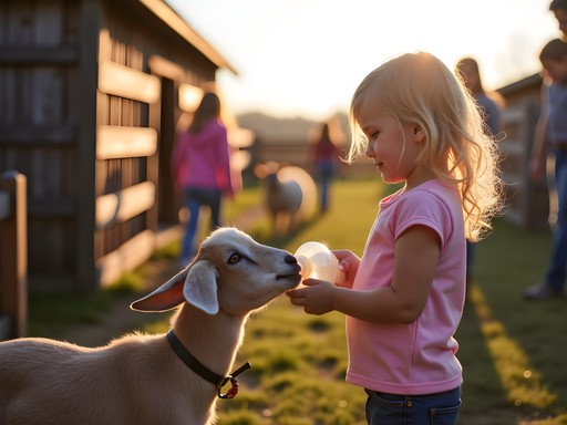Mother helping daughter bottle feed baby goats at Deanna Rose Children's Farmstead