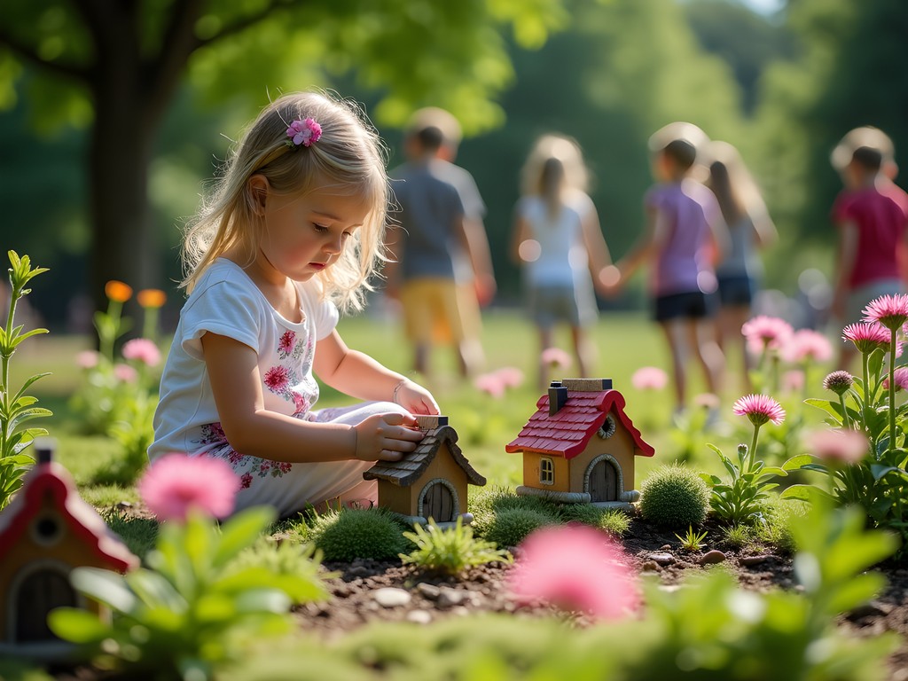 Mother and daughter exploring the children's garden at Overland Park Arboretum