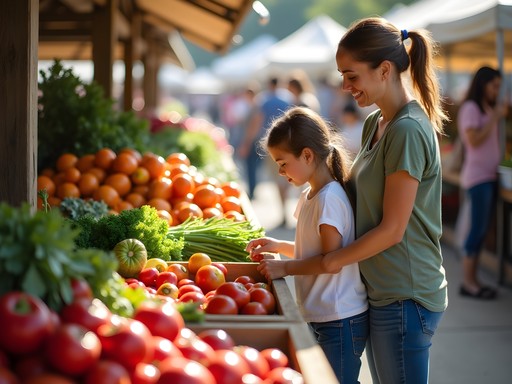 Family selecting colorful fresh produce at Overland Park Farmers' Market