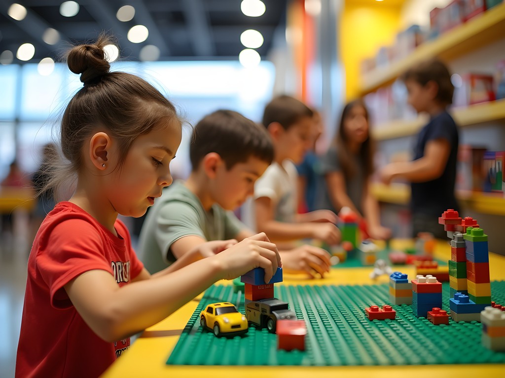 Children building at LEGO store creative station in Oak Park Mall, Overland Park