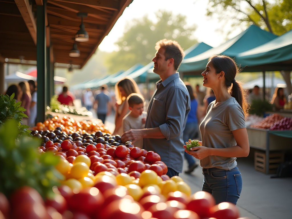 Families shopping at Overland Park Farmers Market in spring with fresh produce displays