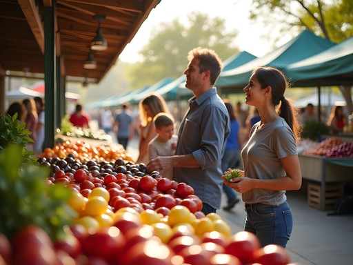 Families shopping at Overland Park Farmers Market in spring with fresh produce displays