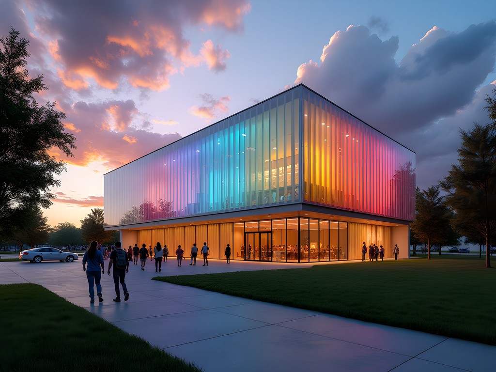 Museum at Prairiefire's colorful exterior at sunset in Overland Park, Kansas