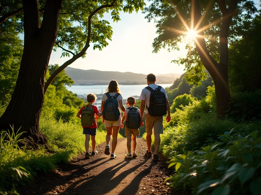 Family hiking on Aiea Loop Trail with Pearl Harbor views