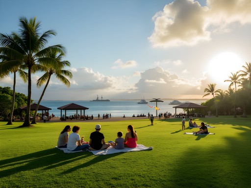 Families enjoying Neal S. Blaisdell Park with Pearl Harbor views