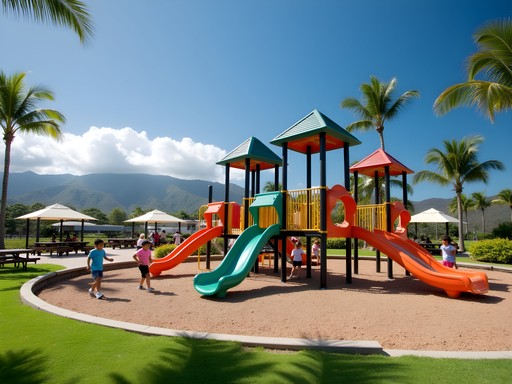 Children playing at Pearl City District Park playground with mountain backdrop