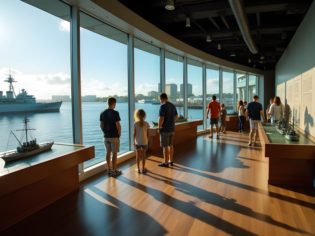 Family exploring the Pearl Harbor National Memorial Visitor Center with harbor view