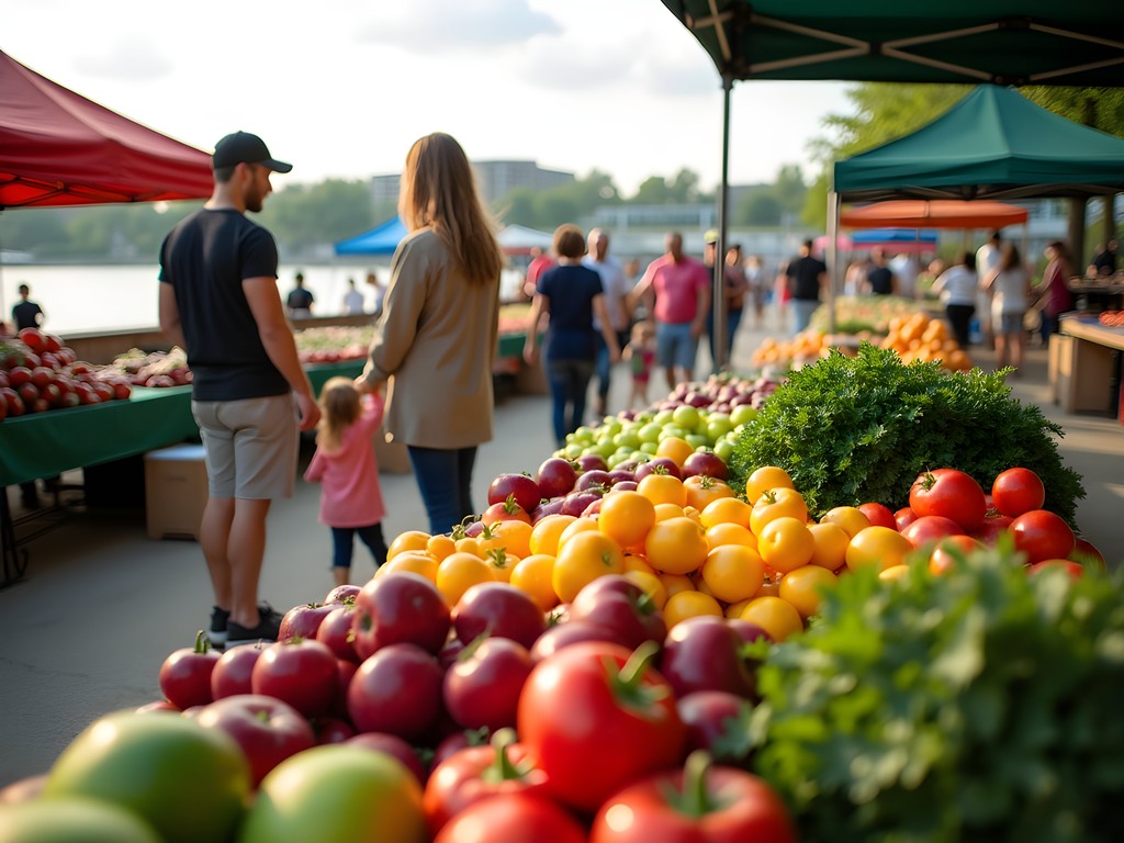 Families shopping at Peoria Riverfront Market with fresh local produce