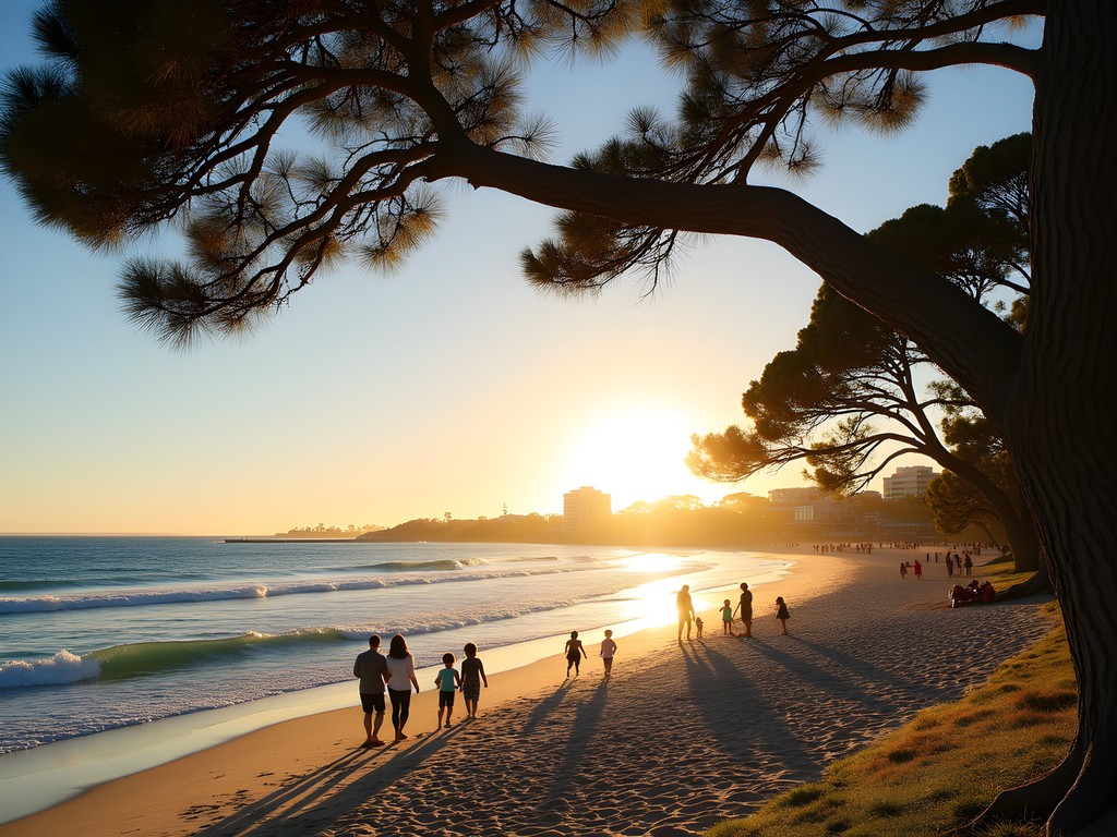Sunset at Cottesloe Beach with iconic pine trees and families enjoying the golden hour