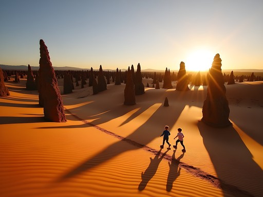 Family exploring the otherworldly Pinnacles Desert limestone formations at sunset