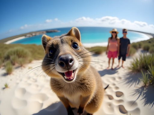 Family taking selfie with smiling quokka on Rottnest Island, Perth