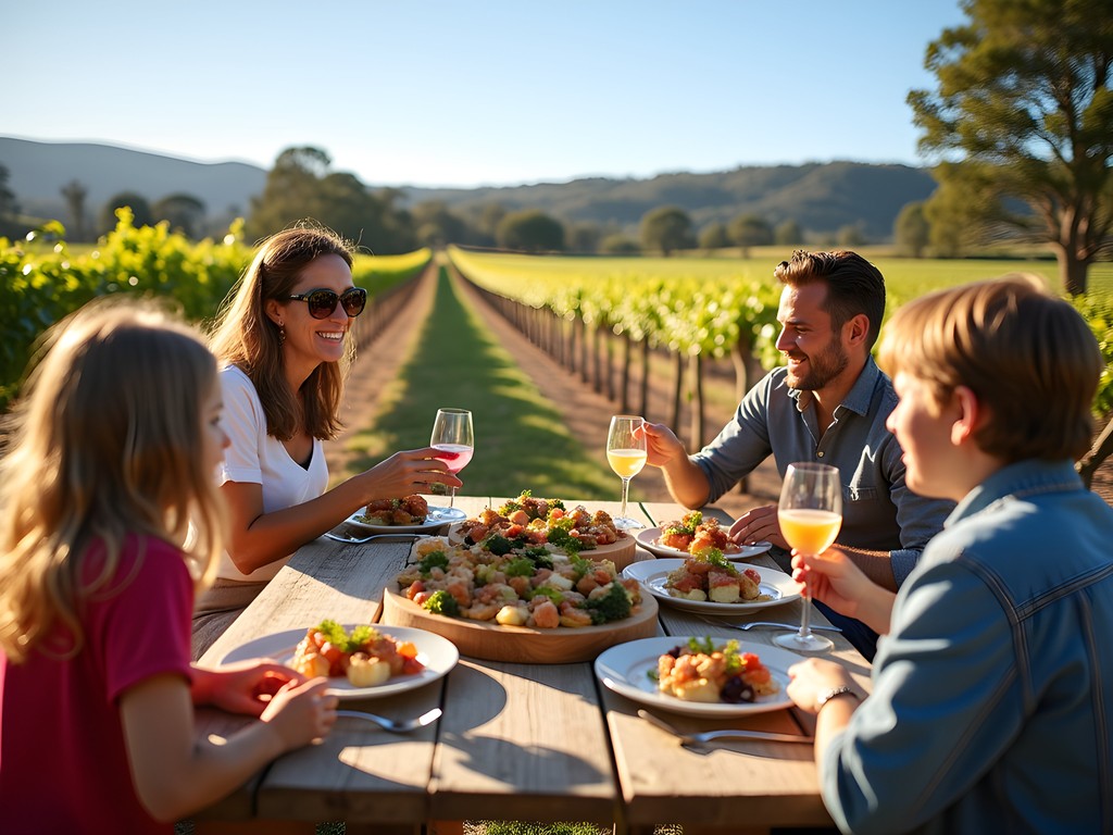 Family enjoying outdoor lunch at Swan Valley winery with vineyard views