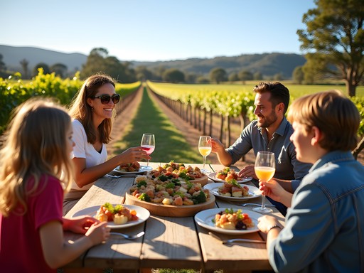 Family enjoying outdoor lunch at Swan Valley winery with vineyard views