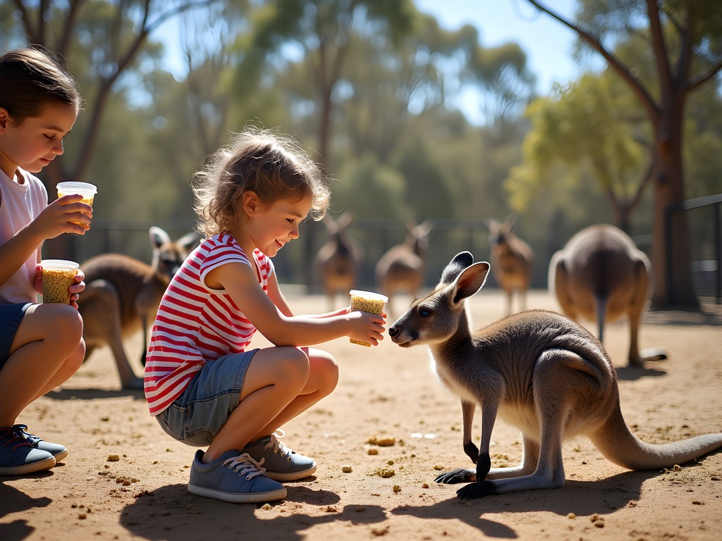 Children feeding kangaroos at Caversham Wildlife Park Perth