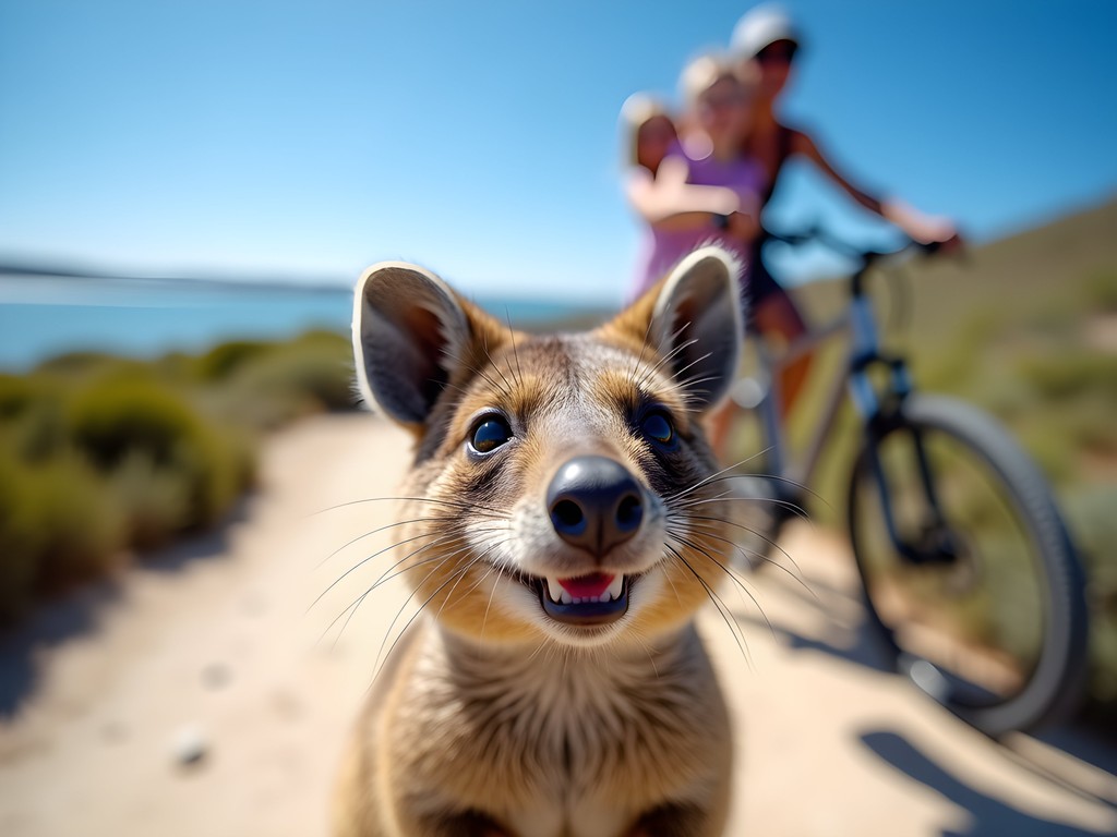 Family taking selfie with quokka on Rottnest Island near Perth