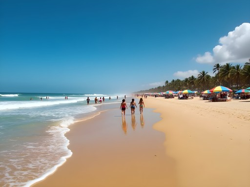 Family enjoying the golden sands and gentle waves at Máncora beach in Northern Peru