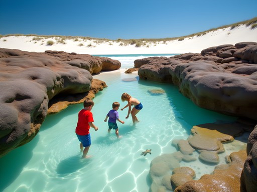 Family exploring tidal pools at Sardinia Bay Beach in Port Elizabeth