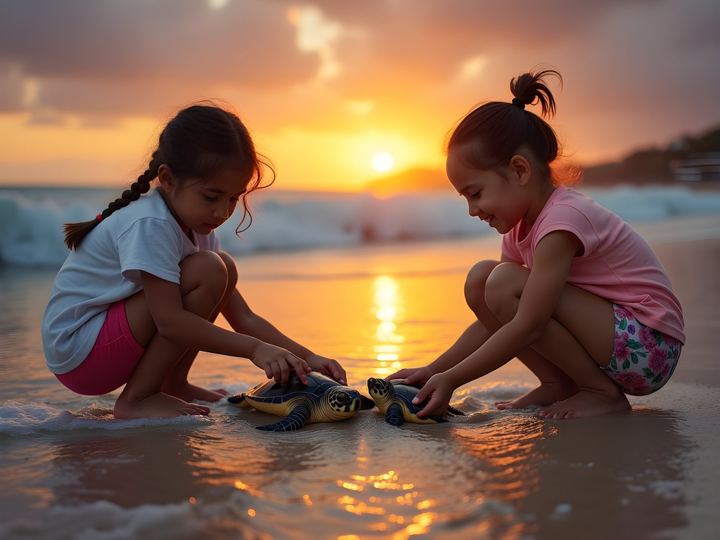 Children releasing baby sea turtles at sunset in Puerto Vallarta