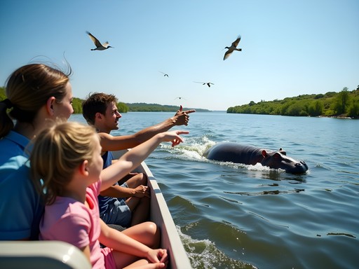 Family enjoying wildlife viewing from boat on Kazinga Channel in Uganda