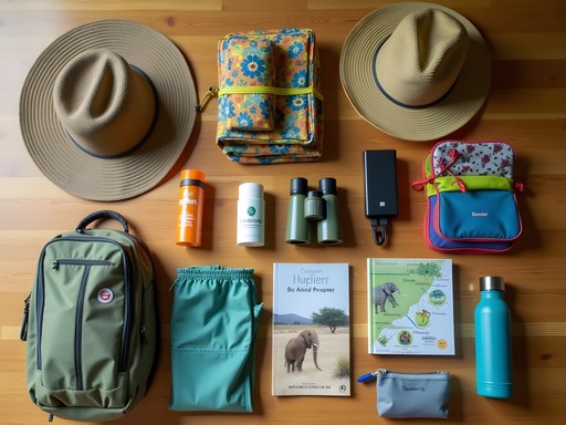 Essential safari packing items laid out including kids binoculars, sun hats, and packing cubes