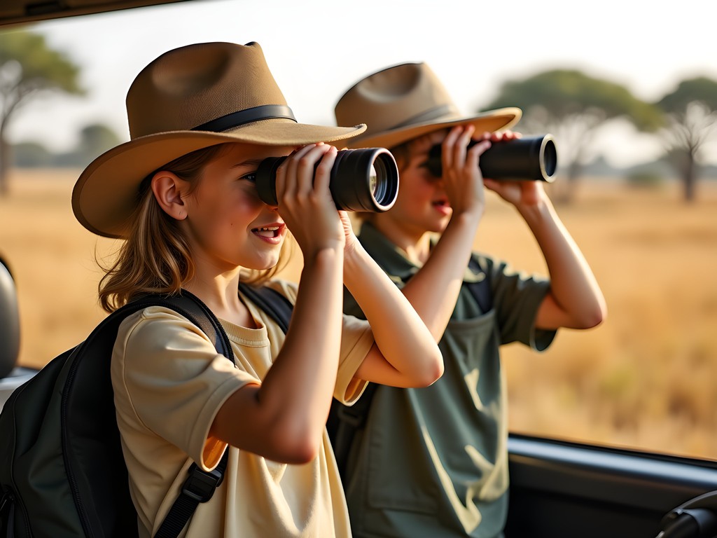 Children using binoculars for wildlife spotting in Queen Elizabeth National Park