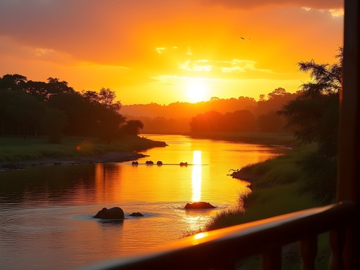 Sunset view from Mweya Safari Lodge overlooking Kazinga Channel with wildlife
