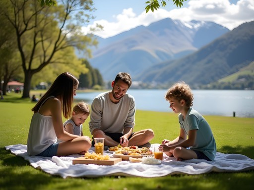 Family enjoying picnic in Queenstown Gardens with mountain views