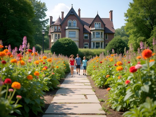 Families exploring the historic gardens at Mayowood Mansion in Rochester, Minnesota