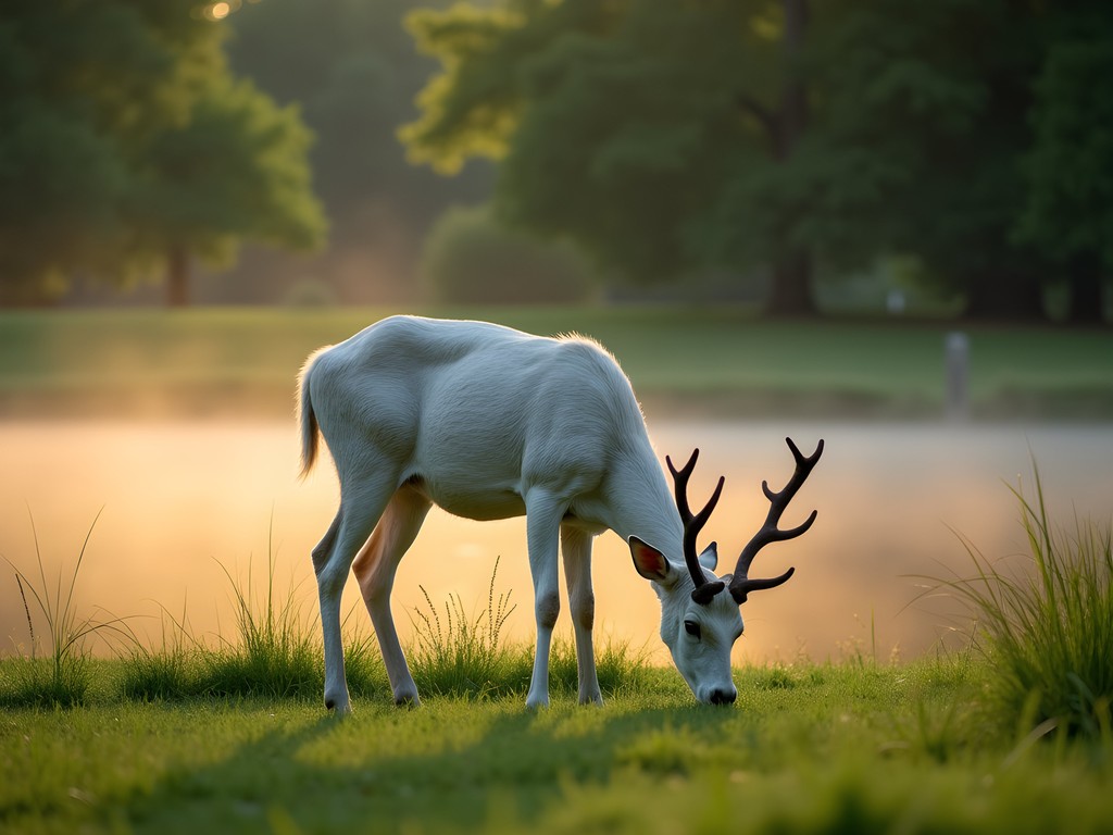 Rare white deer grazing near Silver Lake in Rochester, Minnesota at dawn