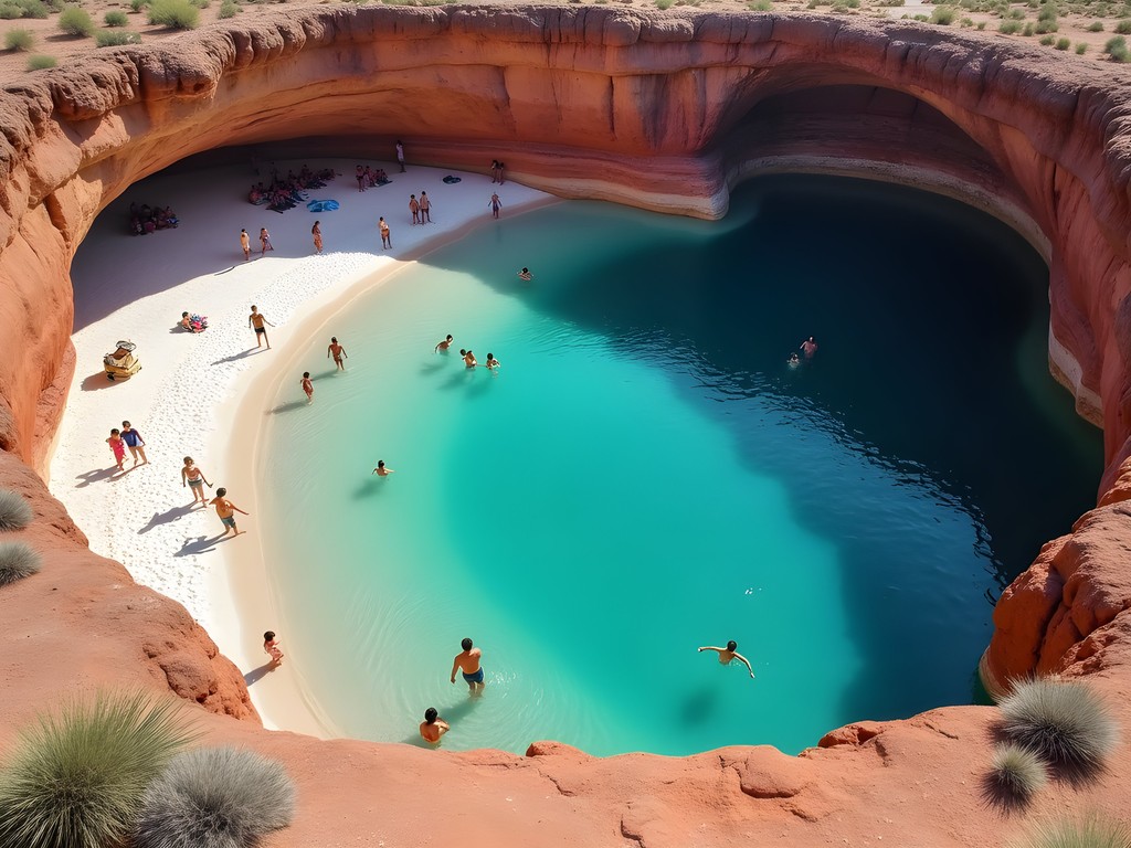 Families swimming in clear blue water at Bottomless Lakes State Park New Mexico