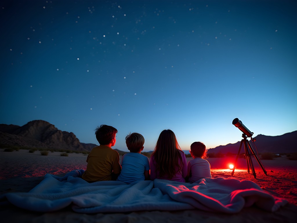 Family lying on blankets looking up at stars in New Mexico desert