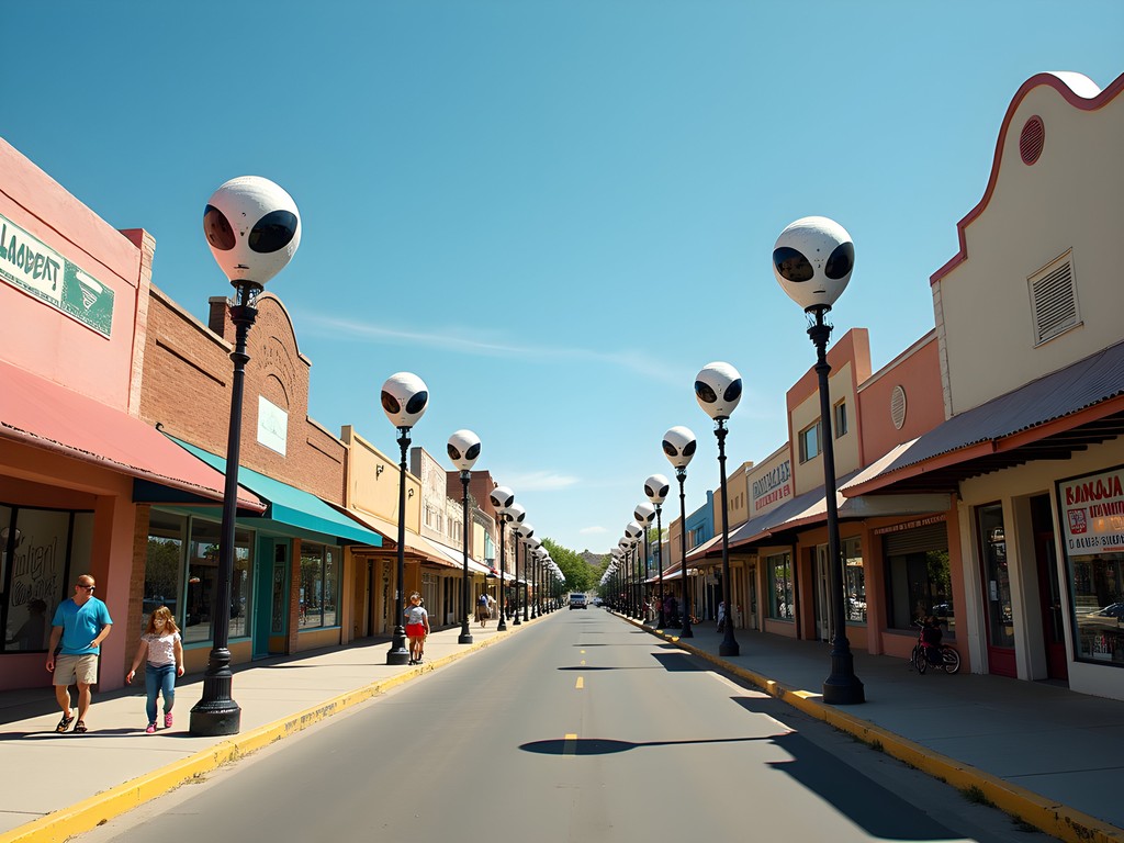 Alien-themed streetlamp in downtown Roswell New Mexico with blue sky