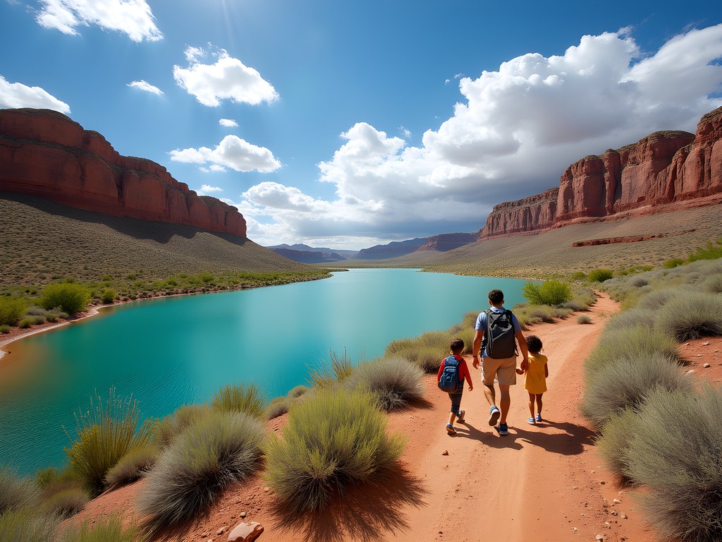 Family hiking along the shore of Bottomless Lakes State Park