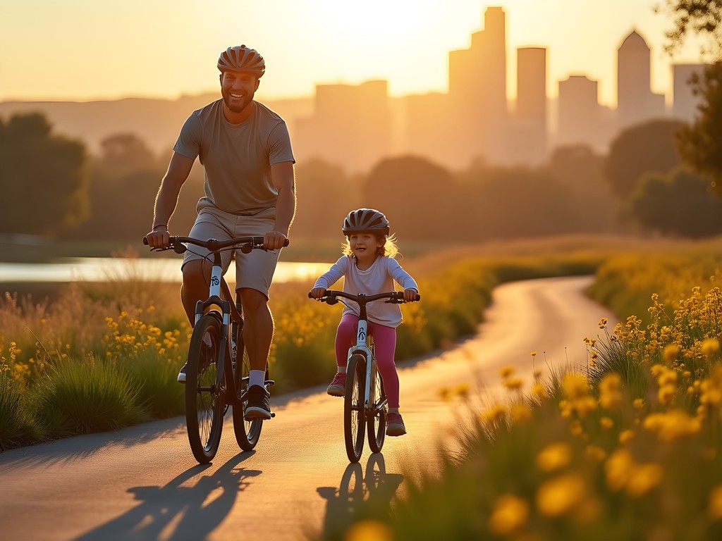 Family cycling along the American River Bike Trail with Sacramento skyline views