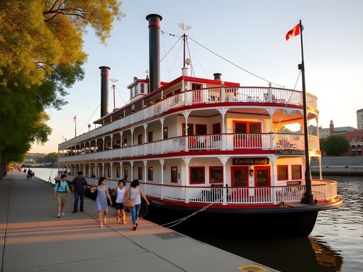 Historic Delta King Riverboat Hotel docked in Old Sacramento with families boarding