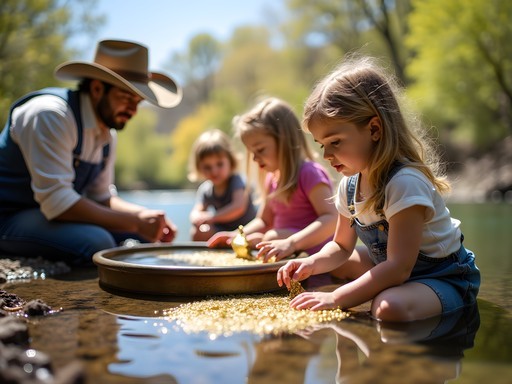 Children learning gold panning techniques at Marshall Gold Discovery State Historic Park in Coloma