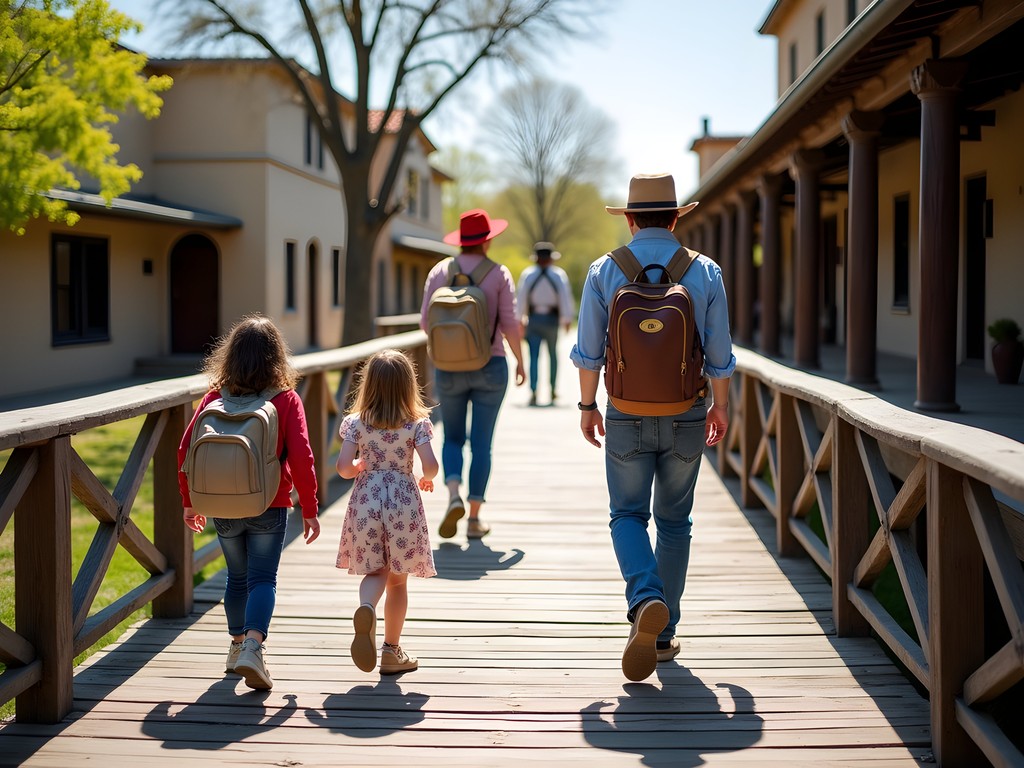 Families exploring wooden boardwalks and historic buildings in Old Sacramento Historic District