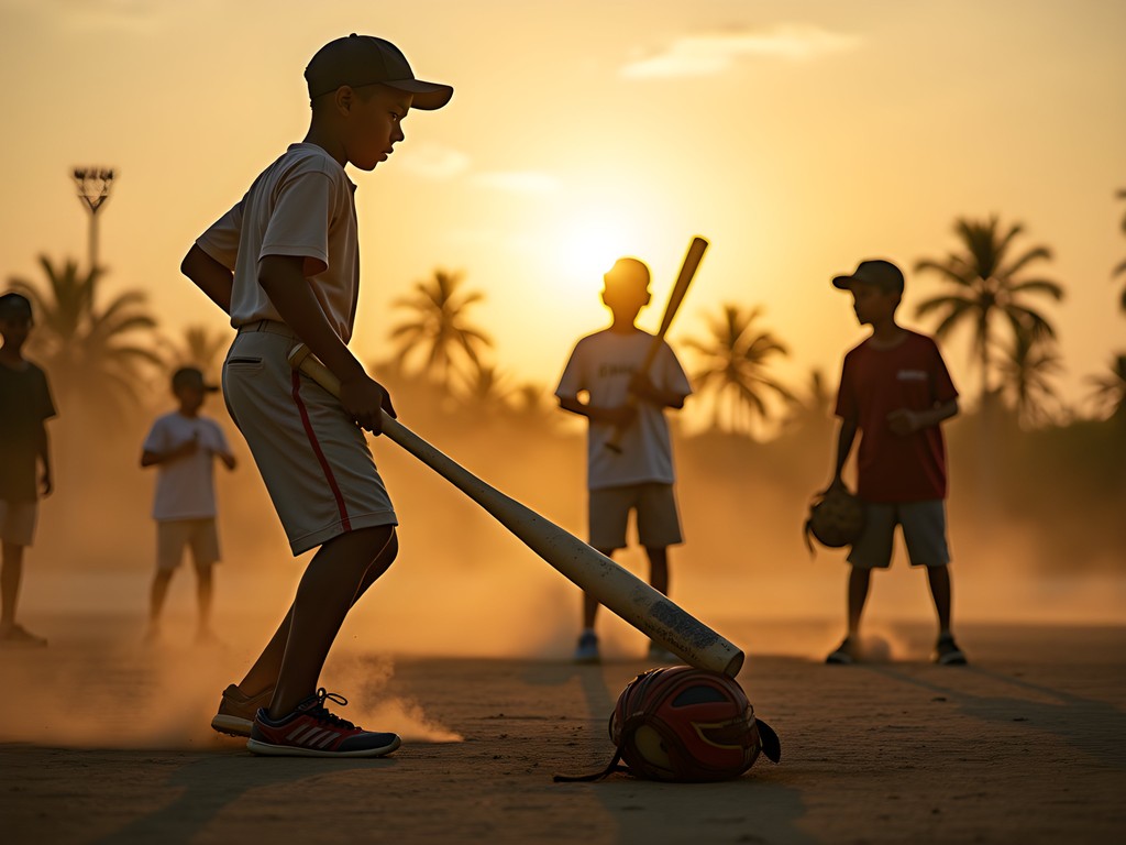 Young Dominican players practicing baseball at sunrise in San Pedro de Macorís