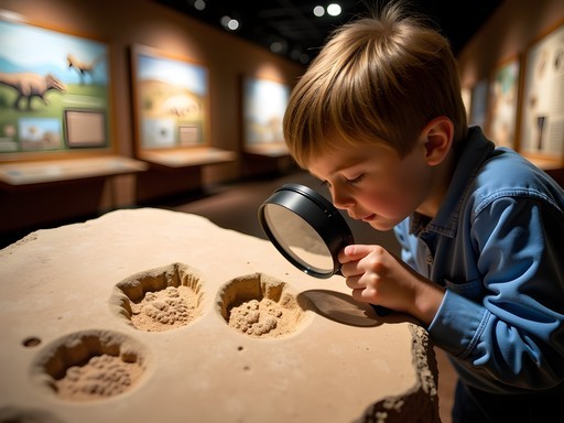 Child examining dinosaur tracks at St. George Dinosaur Discovery Site with educational display
