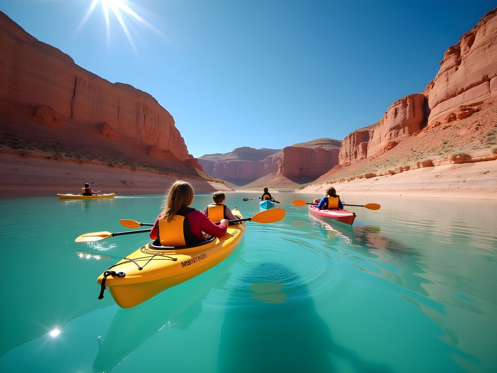 Family kayaking on turquoise waters of Sand Hollow Reservoir with orange sandstone shores