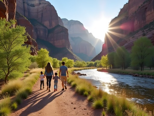 Family walking along Riverside Walk in Zion National Park with towering canyon walls