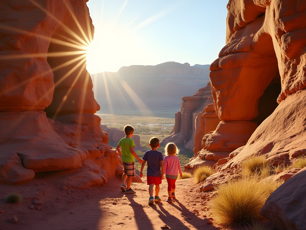 Children exploring red rock formations at Pioneer Park in St. George with city view in background