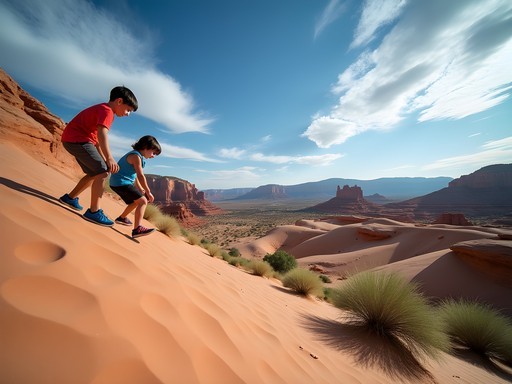 Children climbing on petrified sand dunes in Snow Canyon State Park with red rock formations